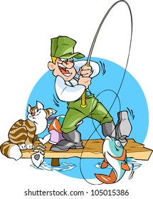 A fisherman catches a fish.He is holding a fishing rod with a big fish.Cat steals from a bucket  fish.