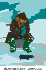 Fisherman catches a fish in the ice hole. Winter activity, hobby. Figure of a man in a brown coat with a hood. Colorful digital illustration.