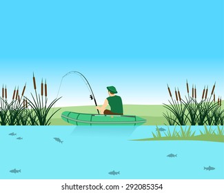 Fisherman catches a fish in the lake on the Spinning. Vector illustration