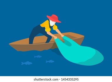 Pescador pesca con una red de pie en el barco. Un anciano con barba gris y pelo. Salones azules, sombrero. Ilustración vectorial de estilo plano sobre un fondo marino azul.