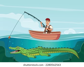 The fisherman catches fish on the boat, but a predatory crocodile catches the bait, a cartoon scene