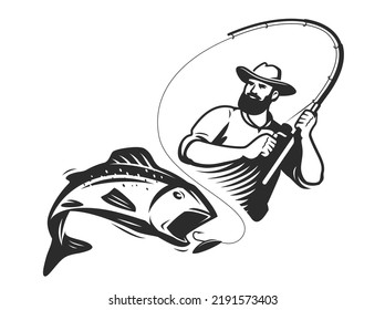 El pescador atrapa peces en la barra giratoria. Logo o símbolo de pesca. Ilustración vectorial de recreación al aire libre aislada