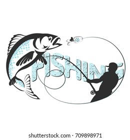 Fisherman catches fish silhouette vector