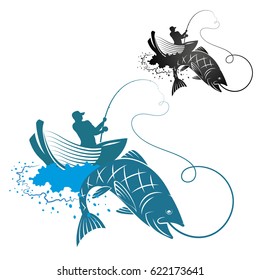 Fisherman catches fish silhouettes for vector