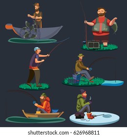 Fisherman Catches Fish Sitting On Boat And Off Shore,fisher Threw Rod Into Water, Happy Fishman Holds Catch And Spin, Man Pulls Net Out Of The River, Fishing On Ice Icon Vector Illustration