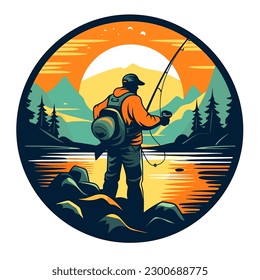 A fisherman catches a fish at sunset. Fishing hobby. cartoon vector illustration, isolated background, label, sticker