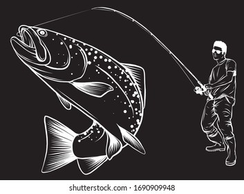 El pescador captura el vector del pescado en el fondo negro