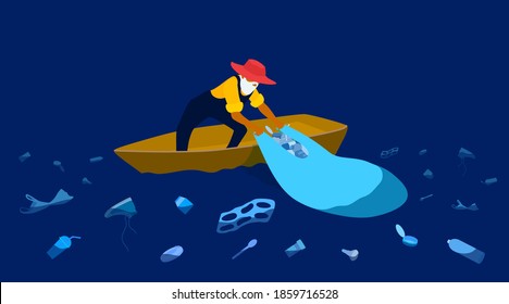 A fisherman catches only garbage by his fishnet. A water pollution ecological problem, fish extinction. A fisher fishing plastic trash. A vector cartoon illustration.