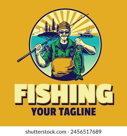 Fisherman Catching Bass Fish Logo Template