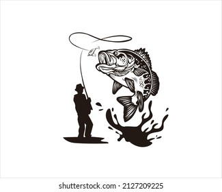 
Fisherman catching big bass fish Illustration