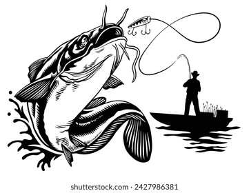 Fisherman Catching Big Catfish in Black and White Style