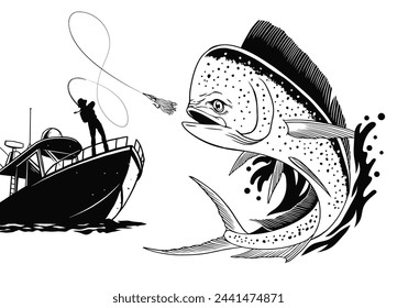 Fisherman Catching Dorado Fish Illustration Vintage Style