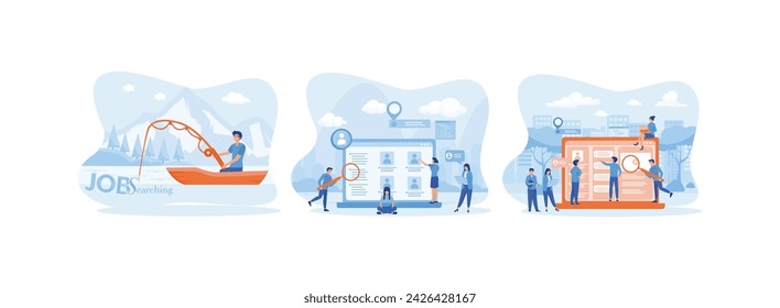 Fisherman catching, Employees looking for job, Head Hunting in social network. set flat vector modern illustration 