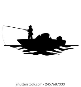 Fisherman Catching Fish in a Boat Silhouette Vector Illustration