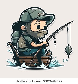 Fisherman with a catching fish. Fishing hobby. cartoon vector illustration, isolated background, label, sticker