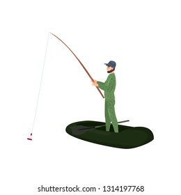 Fisherman Catching Fish with Fishing Rod, Male Fisher Character Standing on Inflatable Boat Vector Illustration