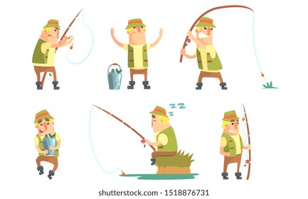 Fisherman Catching Fish with Fishing Rod Set, Funny Fisher Cartoon Character Having Active Leisure on Nature Vector Illustration