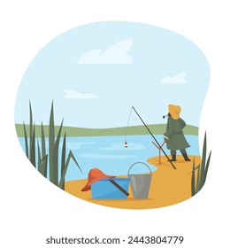 Fisherman catching fish in lake with rode vector illustration. Lake landscape with fishing gears. Hobby, leisure activities, nature concept.