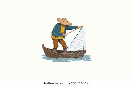 a fisherman catching fish with a large net.