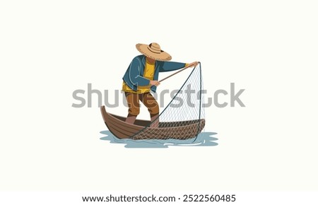 a fisherman catching fish with a large net.