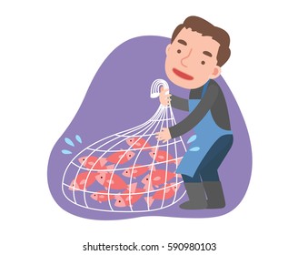 The fisherman is catching fish in the net.