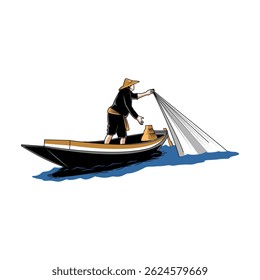 Fisherman catching fish with net on boat vector illustration image