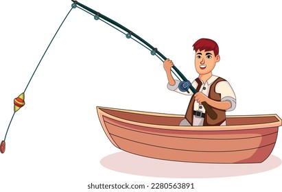 Fisherman catching fish on the boat, cartoon scene