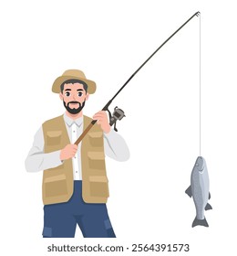 Fisherman catching fish on rod. Flat Vector character illustration