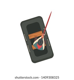 Fisherman Catching Fish in Rubber Inflatable Boat, Top View Vector Illustration