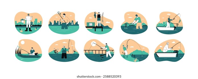 Fisherman catching fish in swamp with. various ways, outline style, green and orange, vector illustration.