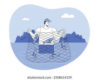 Fisherman catching fish using net, blue, semi outline style, fishing vector illustration.