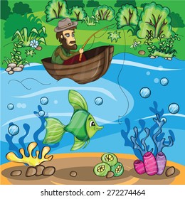 Fisherman catching the fish - Vector cartoon illustration