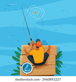 Fisherman catching fish in water from wooden pier, top view of summer activity. Young man in cap sitting with fishing rod to fish in river, lake or pond of nature park cartoon vector illustration