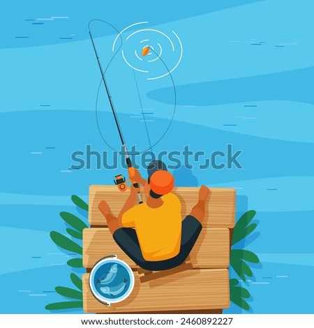 Fisherman catching fish in water from wooden pier, top view of summer activity. Young man in cap sitting with fishing rod to fish in river, lake or pond of nature park cartoon vector illustration