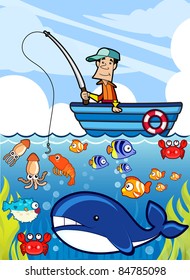 Fisherman catching the fish,Vector illustration, isolated objects
