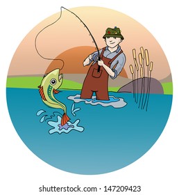 Fisherman catching a green fish at sunset vector illustration