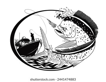 Fisherman Catching Mahi-Mahi Fish Illustration Black and White