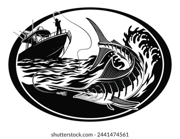 Fisherman Catching the Marlin Fish in Hand Drawn Illustration