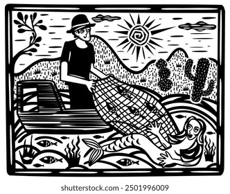 Fisherman catching mermaid. Brazilian cordel woodcut illustration. Black and white vector.