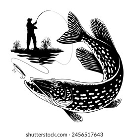 Fisherman Catching Pike Fish Vintage T-Shirt Illustration