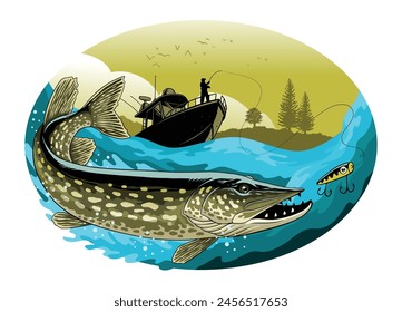 Fisherman Catching Pike Fish Vintage Design