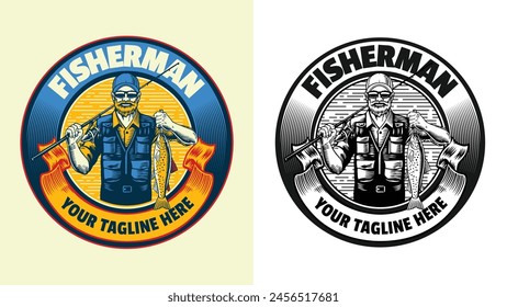 Fisherman Catching Trout Fish Badge Logo Design