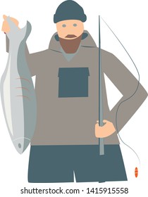 Fisherman caught a big fish, Fisherman character in a jacket and hat with a fishing rod in his hand. Simple flat illustration. Vector Eps. 8.