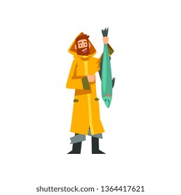 Fisherman Caught Big Fish, Fishman Character in Raincoat and Rubber Boots Vector Illustration