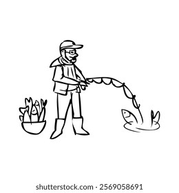 Fisherman caught a big fish with a line, line art vector ink pen hand drawn illustration isolated on white, standing and flyfishing, Holiday traveling for fishing hobby concept, outline design