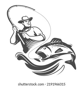 El pescador atrapó peces gordos en la varilla de hilatura. Elemento de diseño de pesca para logotipo, etiqueta o etiqueta. Vector de recreación al aire libre