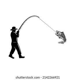 Fisherman caught a fish, black sign on a white background, vector illustration