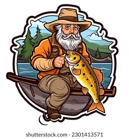 A fisherman with a caught fish. Fishing hobby vacation concept. cartoon vector illustration, isolated background, label, sticker