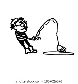 The fisherman caught a fish. A hand-drawn cartoon character. Black and white vector illustration