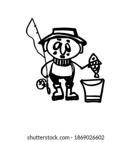 The fisherman caught a fish. A hand-drawn cartoon character. Black and white vector illustration